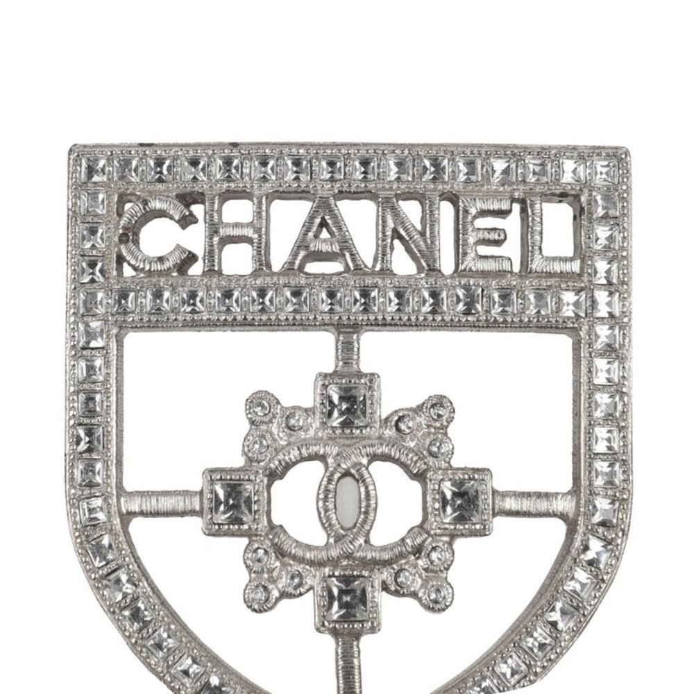 Chanel Silver Crystal Crest Brooch Pin